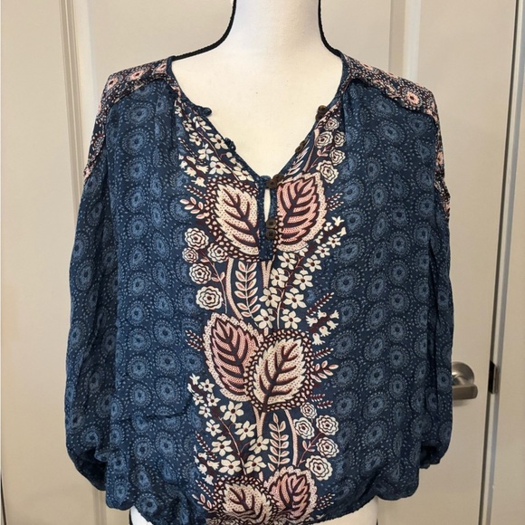 Maeve Anthropologie blue boho hippie wide sleeve blouse size S - Picture 2 of 14